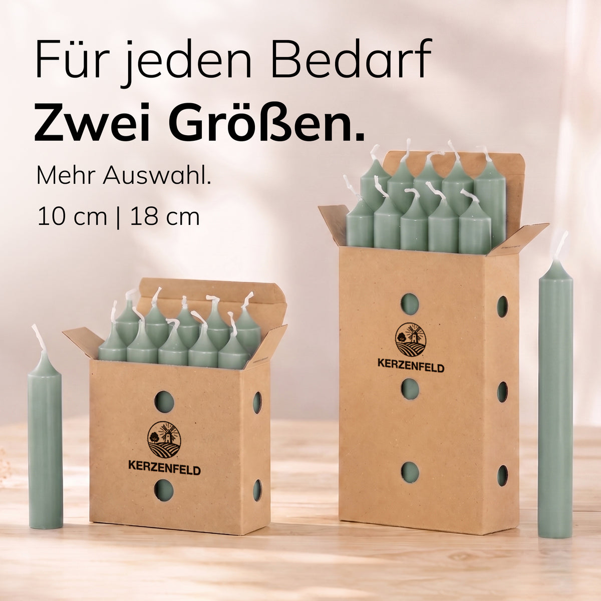 Kurze Stabkerzen Salbeigrün, 2-fach getaucht, 10cm x 2,2cm