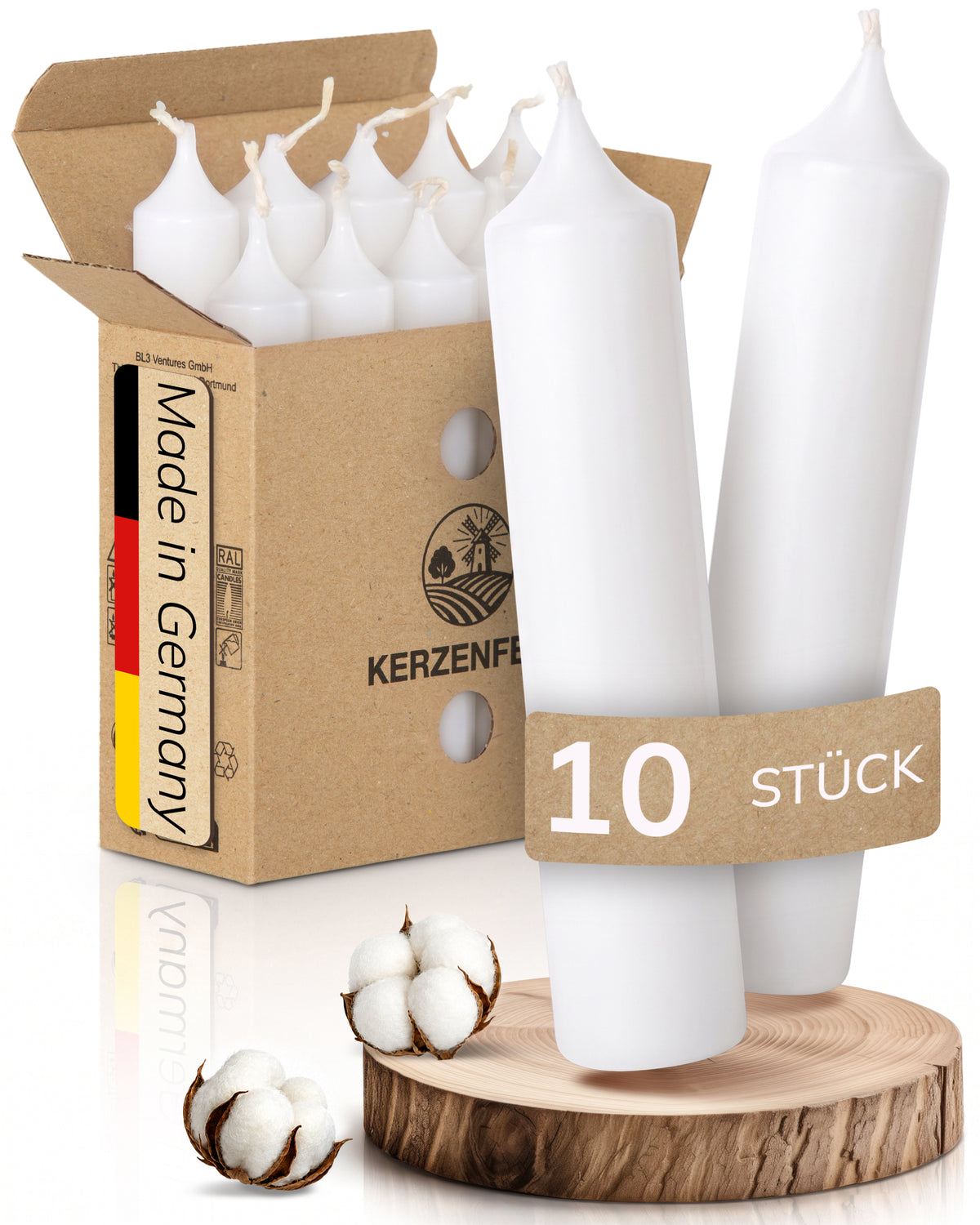 Kurze Stabkerzen Weiß, 2-fach getaucht, 10cm x 2,2cm