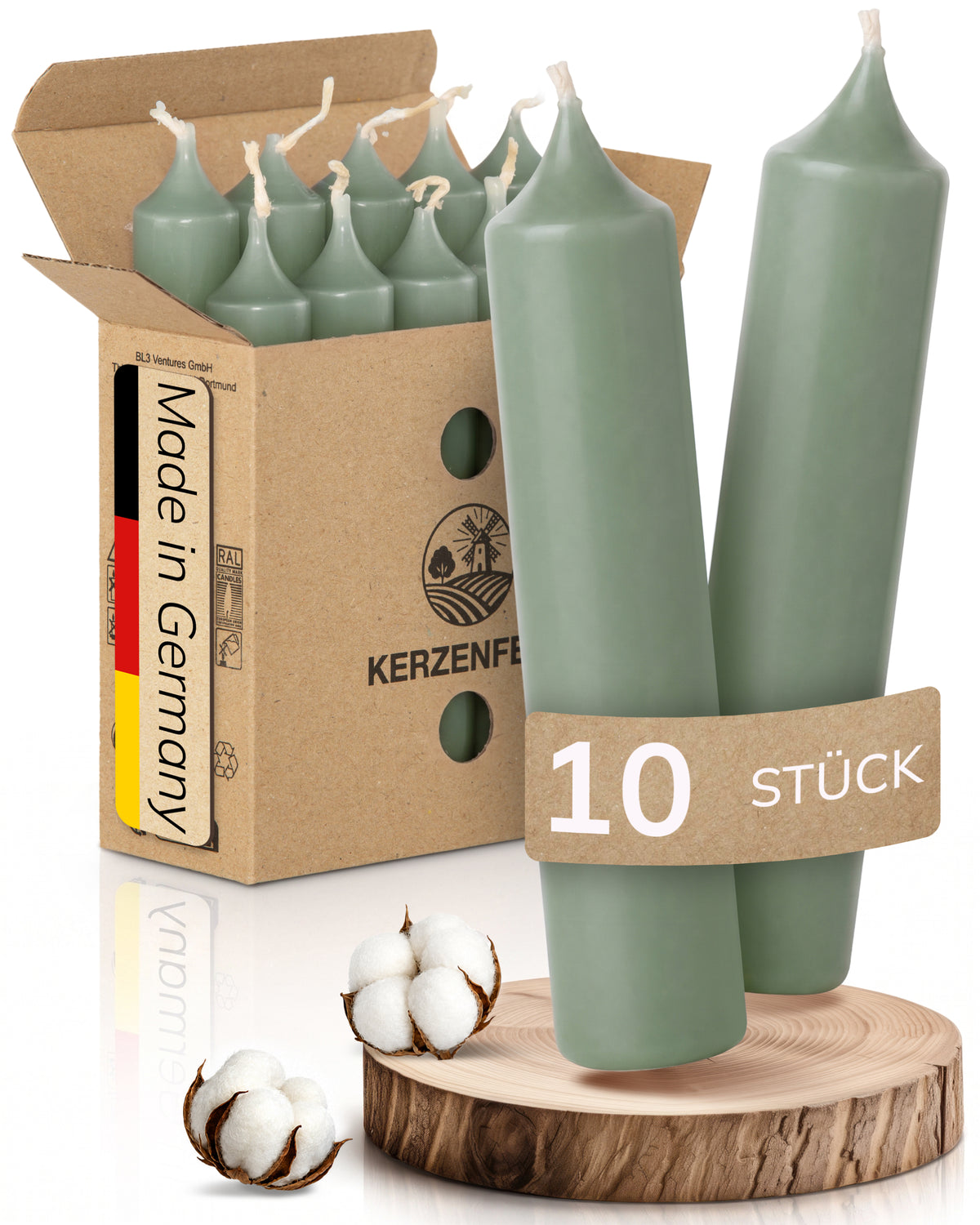 Kurze Stabkerzen Salbeigrün, 2-fach getaucht, 10cm x 2,2cm