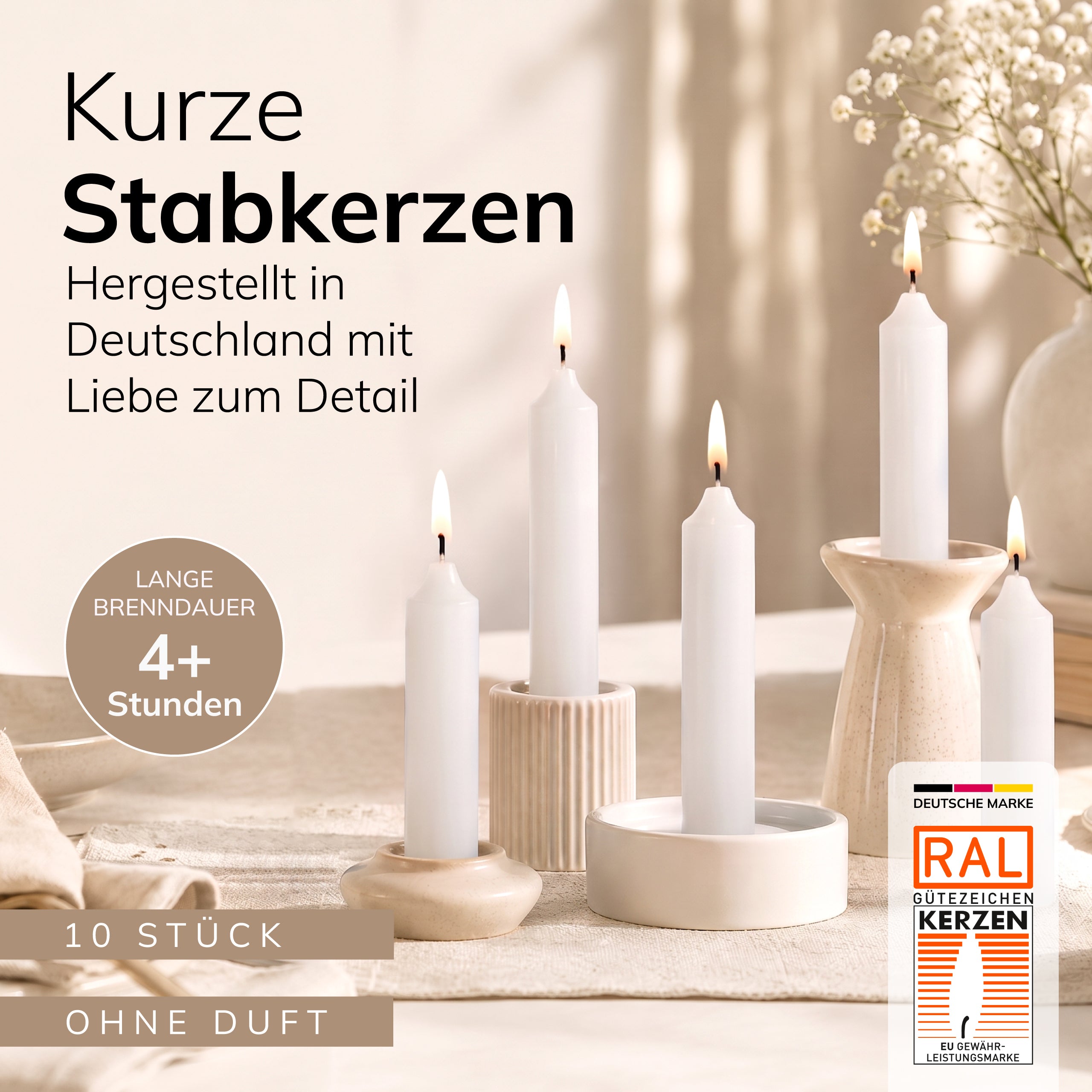 Kurze Stabkerzen Weiß, 2-fach getaucht, 10cm x 2,2cm