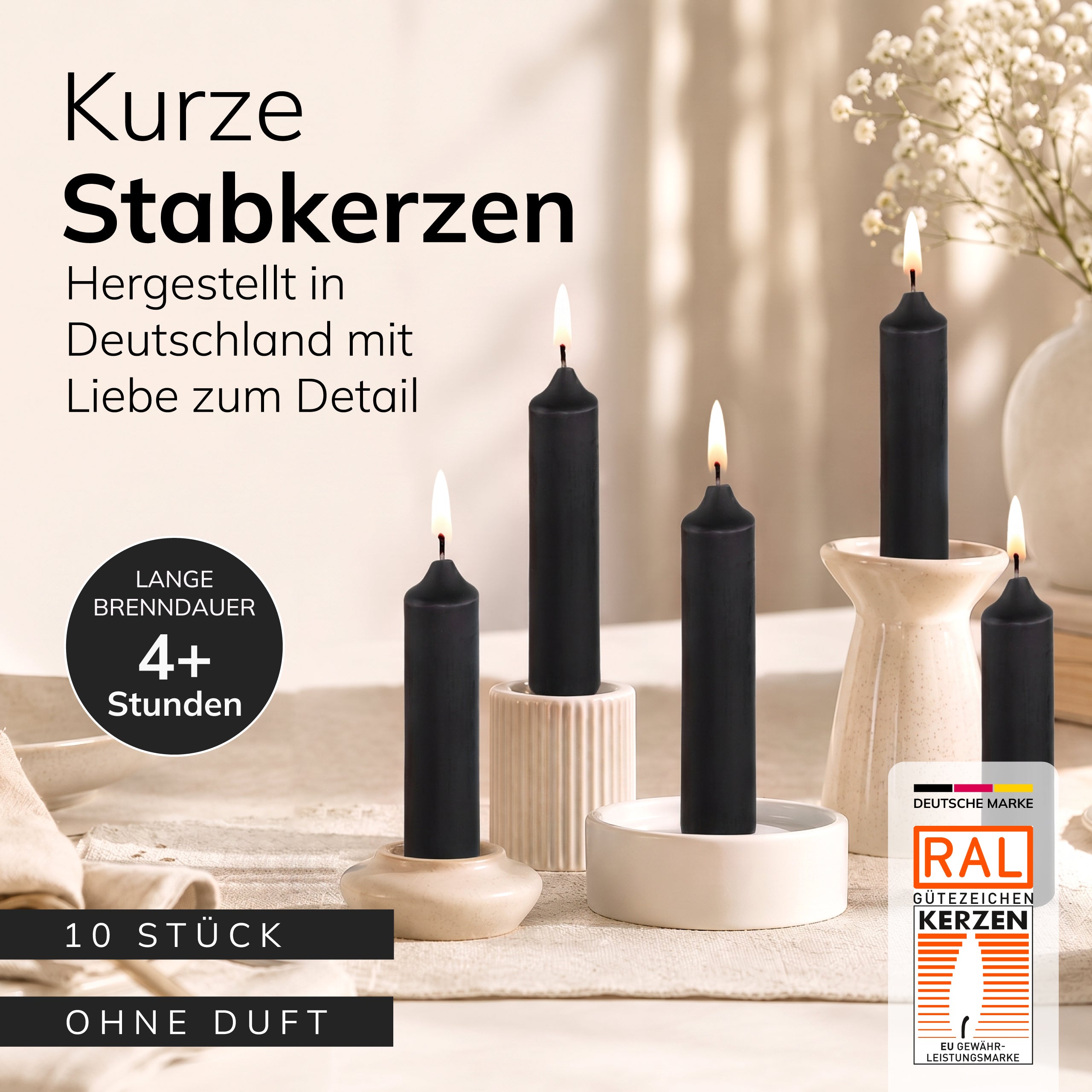 Kurze Stabkerzen Schwarz, 2-fach getaucht, 10cm x 2,2cm