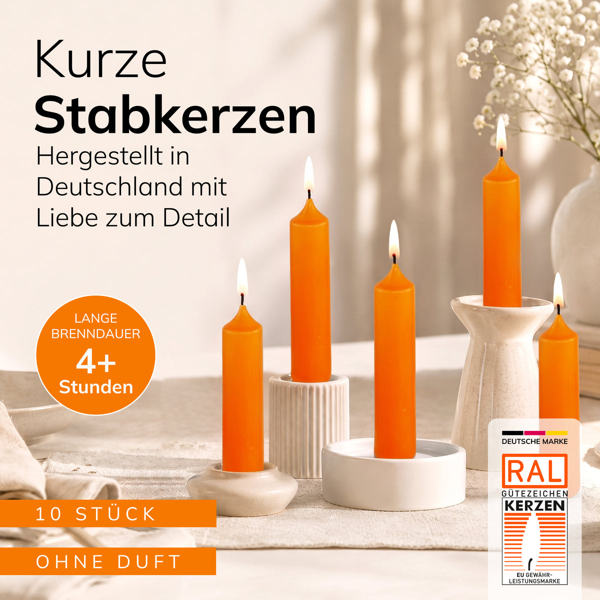 Kurze Stabkerzen Orange, 2-fach getaucht, 10cm x 2,2cm