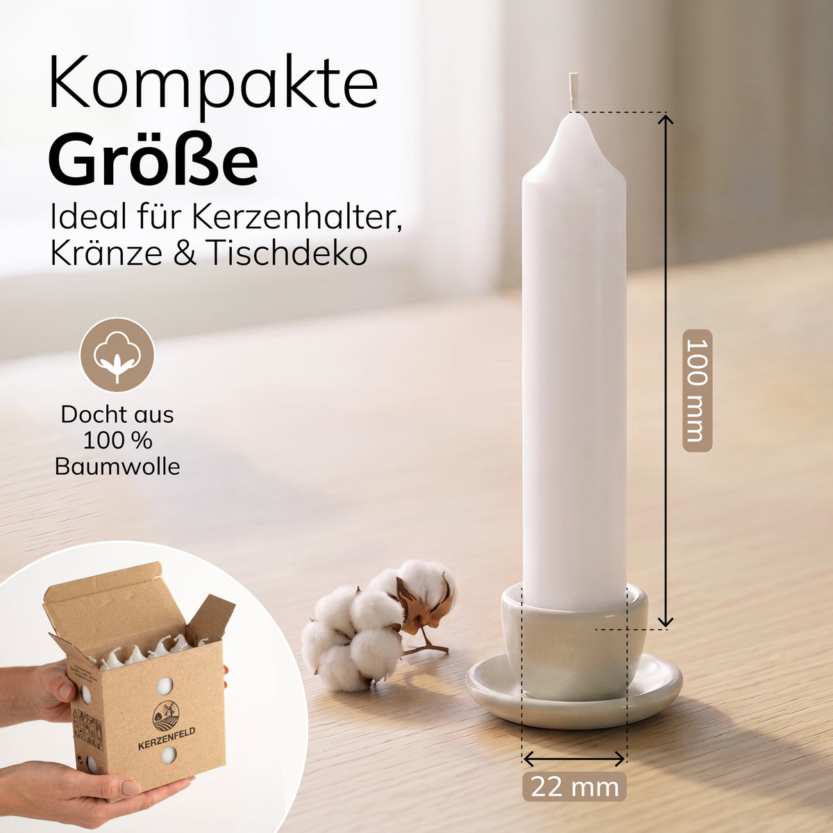 Kurze Stabkerzen Weiß, 2-fach getaucht, 10cm x 2,2cm