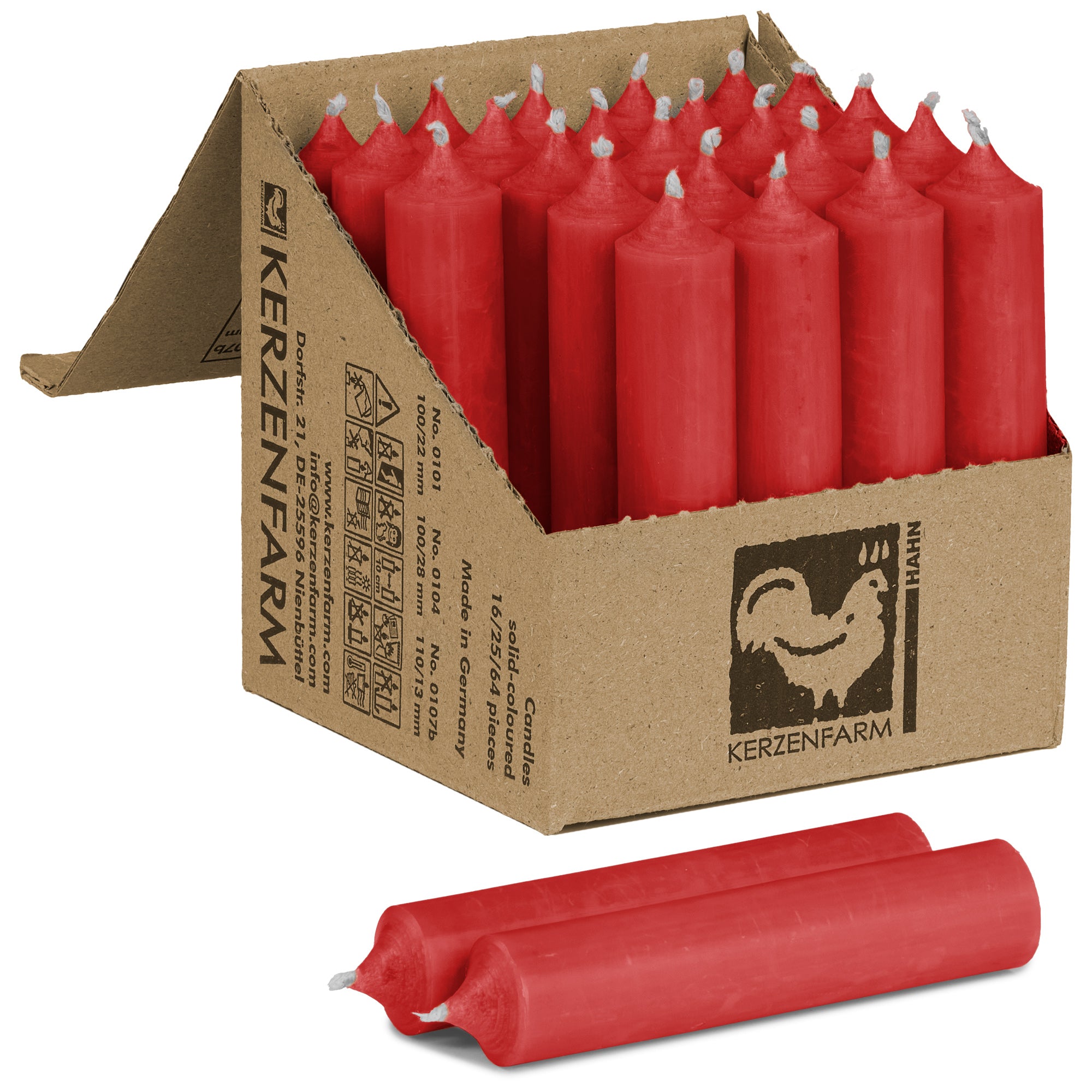 Kurze Stabkerzen 100mmx22mm, durchgehend gefärbt